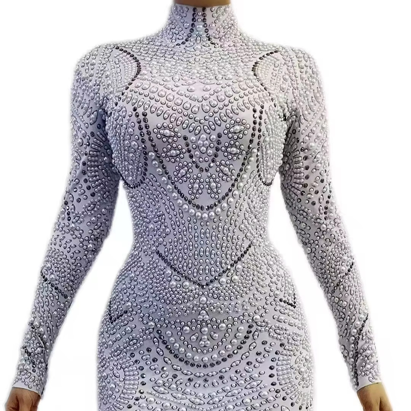 Kimshein AD2531 Women's Fashion Pearl Long Sleeve Club Party Cocktail Midi Dress and Shuttle Loom Needlework Proficiency