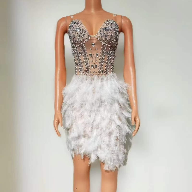 AD2529 end Crystal Beaded Mesh Feather Party Dress Set for Women No Shoulder Strap Customizable Logo Made in Guangdong