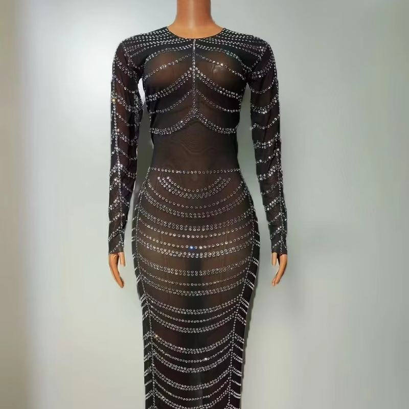 KIMSHEIN AD2516 Fashion Full Length Rhinestone Maxi Dress with Long Sleeve and Transparent Mesh Fabric Chinese Size