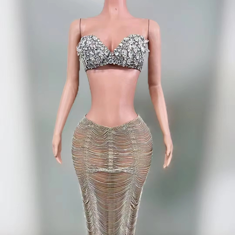 AD2518 Luxurious Diamond Crystal 2-Piece Set Sexy Top and Long Skirt for Women's Party Performance