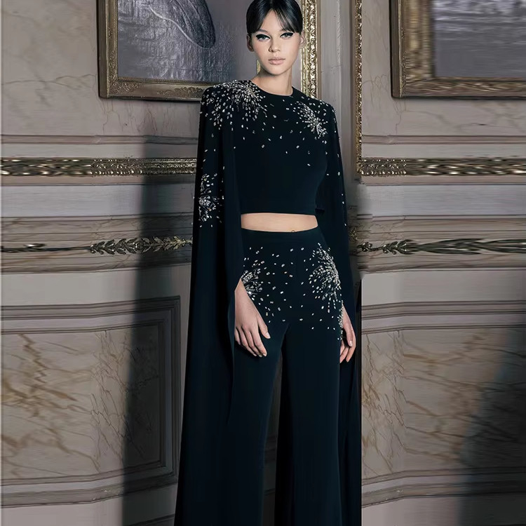 SR2355 Women's Crystal Dress with Two Pieces of Water Drill Short Top Lightweight Fabric 240g and Round Neck Design
