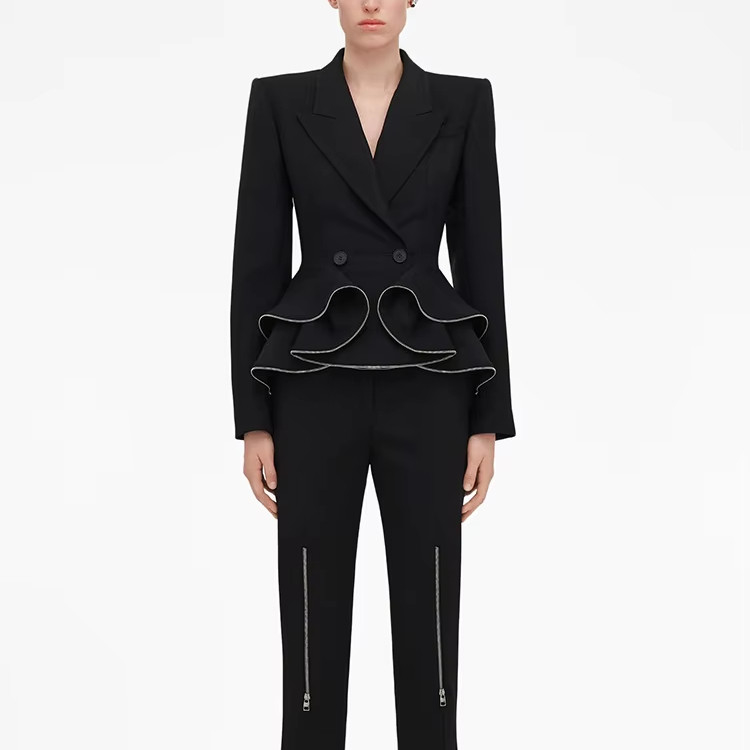 SR2356 Kimshein Women's Top Length Regular Sleeve Fashionable Sports Jacket and Long Pants with Pleated Edge Set