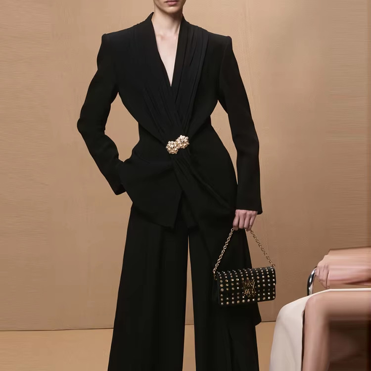 SR2359 Kimshein Women's Fashionable Pleated Blazer Two-Piece Set for Ladies' Party Dinner Elegant and Sophisticated Look