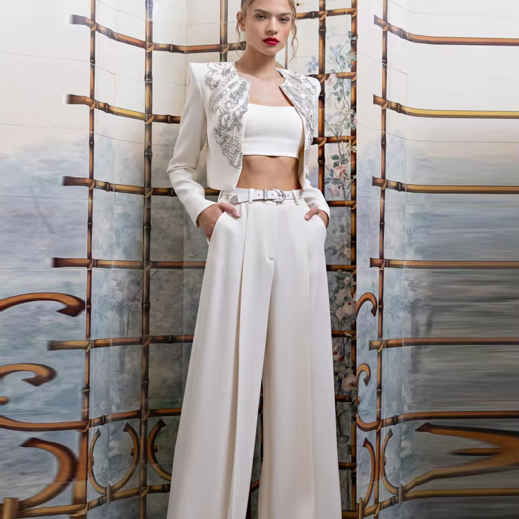 Formal Business Wear Long Pants and Two-Piece Set SR2358 White Luxury Crystal Shiny Pearl Elegant Suit with Full Sleeve