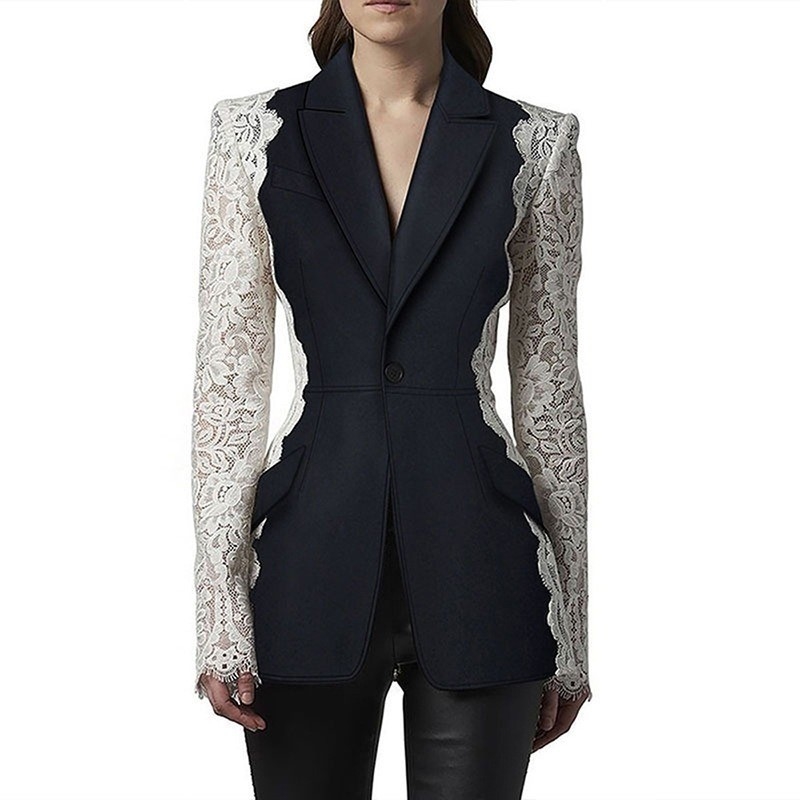 BA2225 Long Sleeve Clothing Luxurious Black Suit Jacket with Lace Office Coat for Formal Women's Outfit in Natural Color