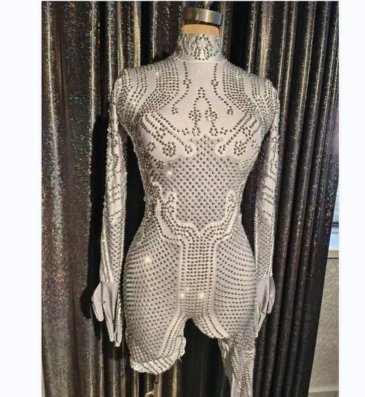 AD1738 Stylish Women's Summer Sexy Dance Party Long Sleeve Jumpsuit with Sparkling Gems