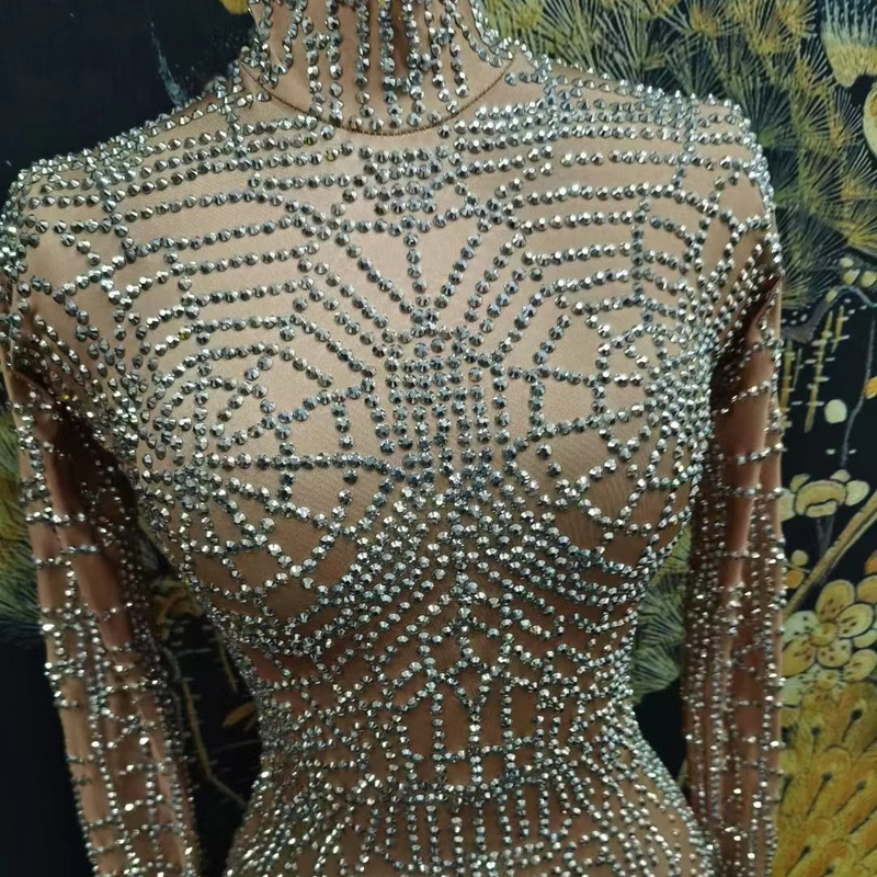 Summer Must-Have AD1719 Women's Tight Bodysuit with Mesh Fabric and Beaded Decoration