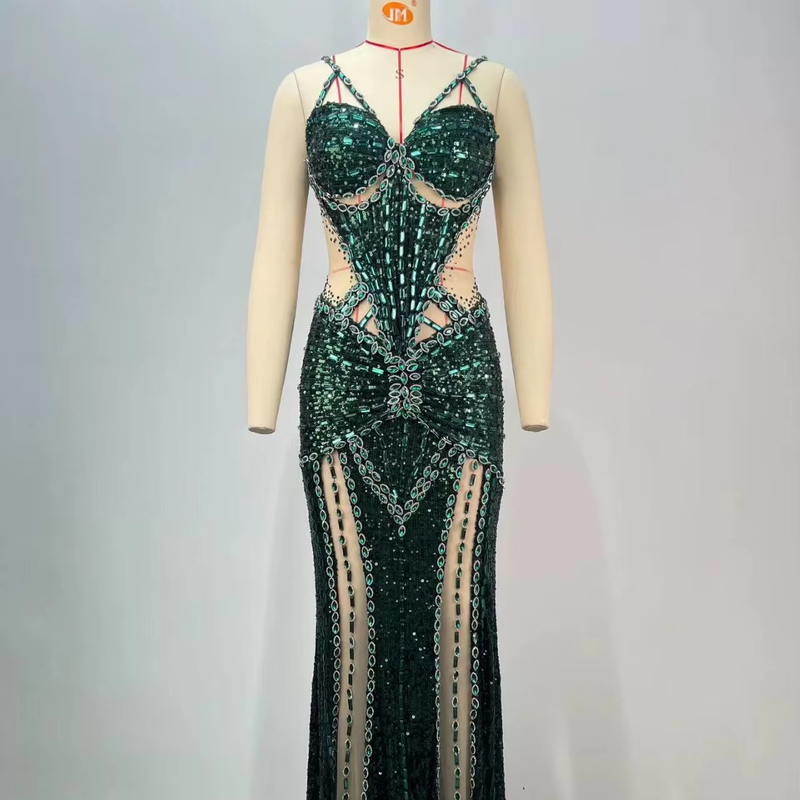 ED2719 Luxury Crystal Shimmer Green Diamond Sexy Tight Dance Party Dress with Customizable Logo and Graphics