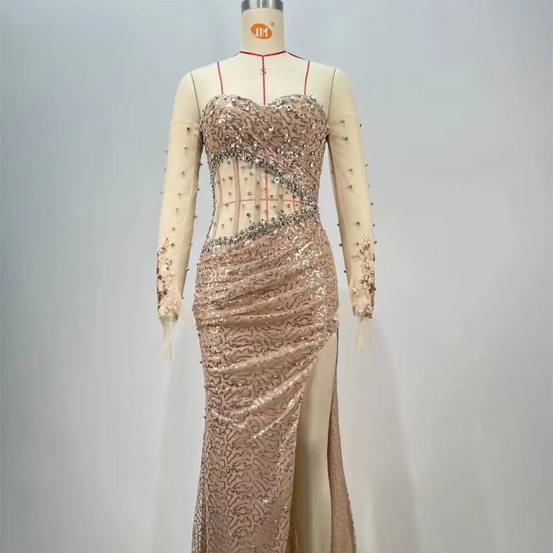 ED2717 Luxurious Evening Dress with Mesh Fabric end Cocktail Dress Water Diamond and Fashionable Gloves Natural Waistline