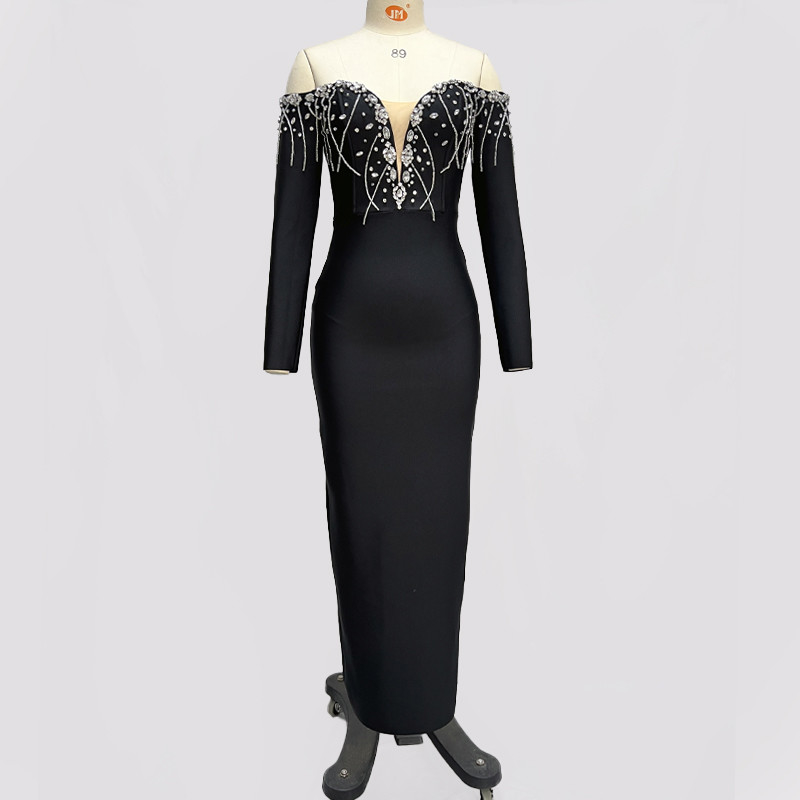 Elegant Black LS2628 Spring Cocktail Party Dress with Shiny Crystal Beaded Fringe and Unique Long Sleeves Bandage Dress