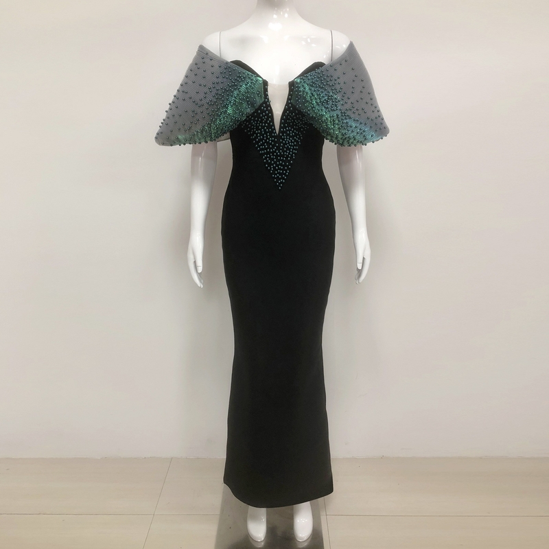 SB3371 Kimshein End Fashion Off-Shoulder Dress with Pearl Embellishments Built-in Bra and Customizable Logo Position