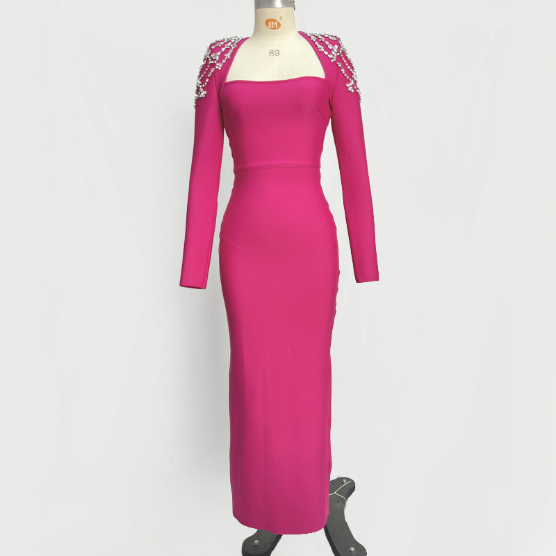 Kimshein LS2618 Crystal Diamond Bandage Tight Long Sleeve Floor-Length Dress for Women's Fashion Party Elegant Long Dress