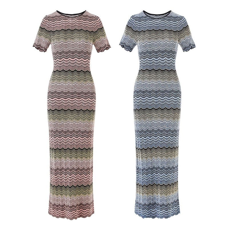 7-Day Fast Sampling KD2357 Summer O-Neck Striped Knit Dress for Women Elegant and Slim-Fit Short-Sleeved Long Dress