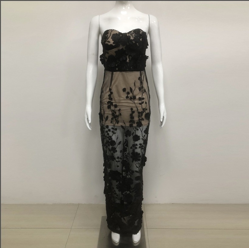 600 SB3370 Kimshein Fashionable Strapless Long Sexy Evening Dress Sleeveless Lace Dress Perfect for Special Occasions