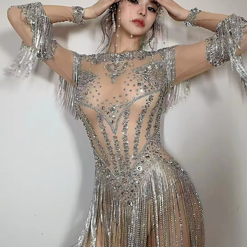 KIMSHEIN AD2542 Luxurious Rhinestone Women's Wear Sexy Long Sleeve Fringe Crystal Short Tight Dress for Stage Performers