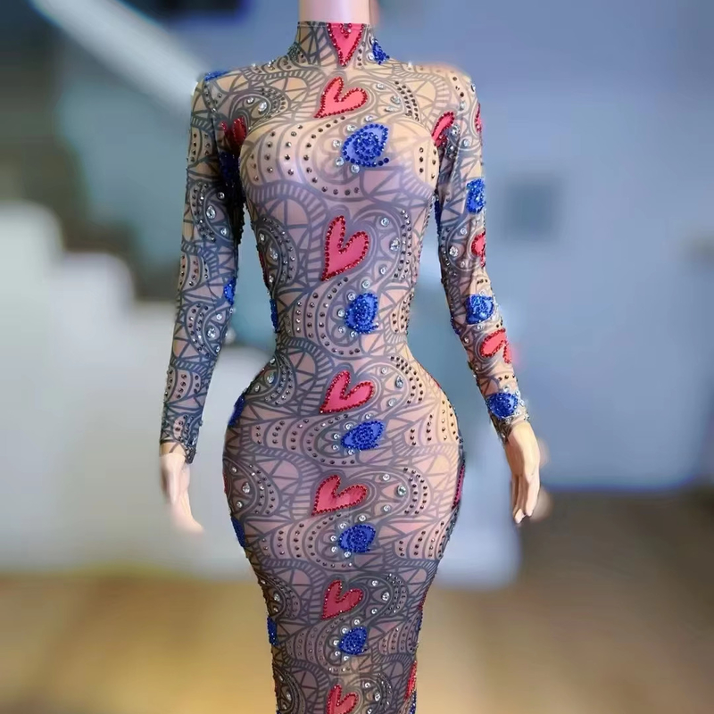 Kimshein AD2536 High Neck Long Sleeve Sexy Beaded Women's Party Dress with Intelligent Tracking and Grid Fabric Support