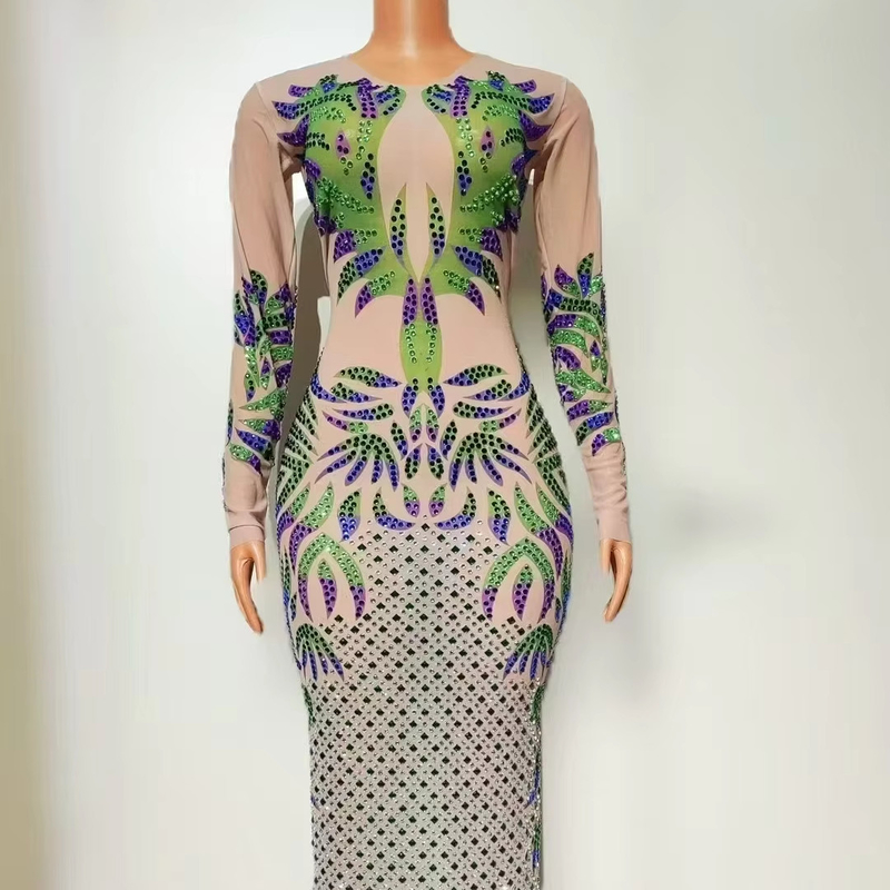 Natural Waistline AD2520 Kimshein Fashion Women's Long Sleeve Mesh Crystal Maxi Dress for High Score Body Evening Gown