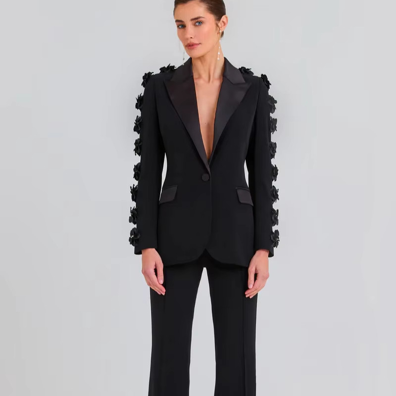 Upgrade Your Formal Wear Game with SR2340 Black Floral Deep V-Neck Suit Pants Two-Piece Set and Breathable Fabric