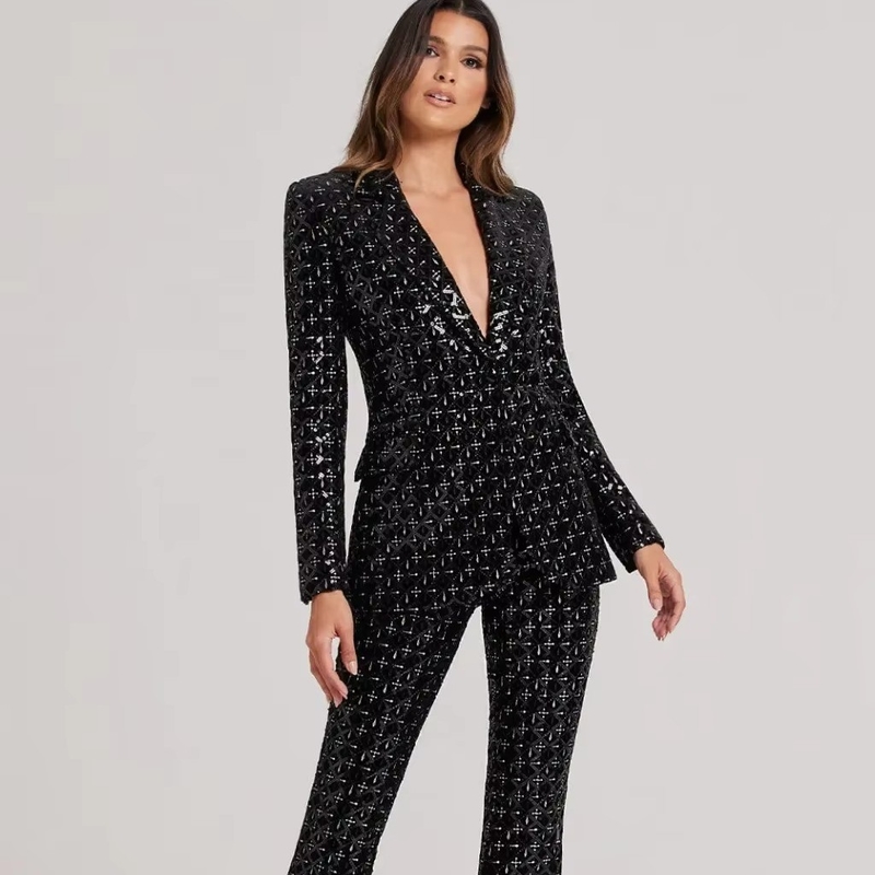 SR2342 Black Sexy Two-Piece Club Outfit Luxury Spring Set Shiny Formal Fashion V-Neck Polyester/Cotton Jacket and Pants