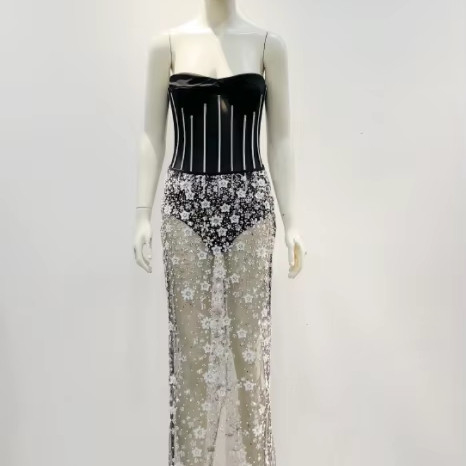 Kimshein Elegant and Sexy Two-Piece Dress SS2333 Summer Fashion Sleeveless Tight Dress with Shiny Beaded Sequins