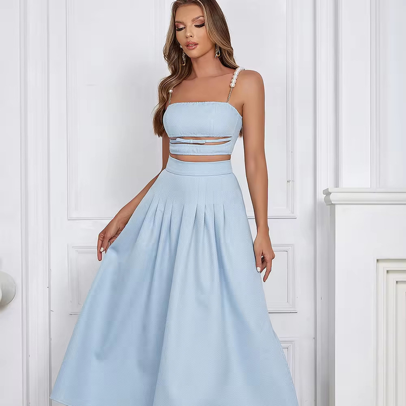 SS2324 Summer Fashion Dress Set Sexy Pearl Strap Top and Elegant Skirt Two-Piece Set for Women Made in Guangdong