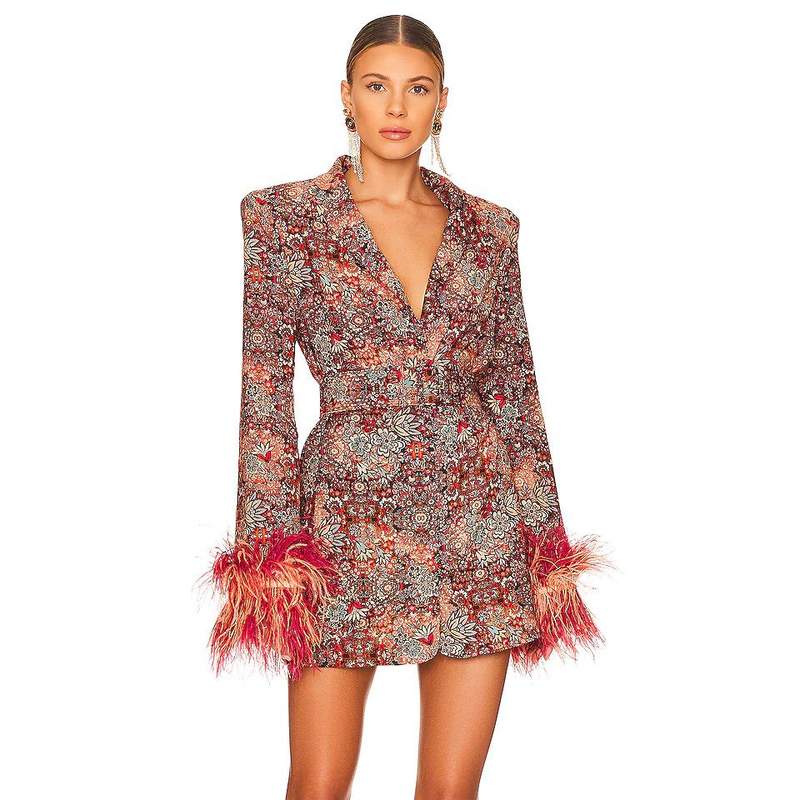Professional BA2218 Women's Formal Short V-Neck Suit Jacket and Feather Print Dress for Office Sophisticated Dress Code