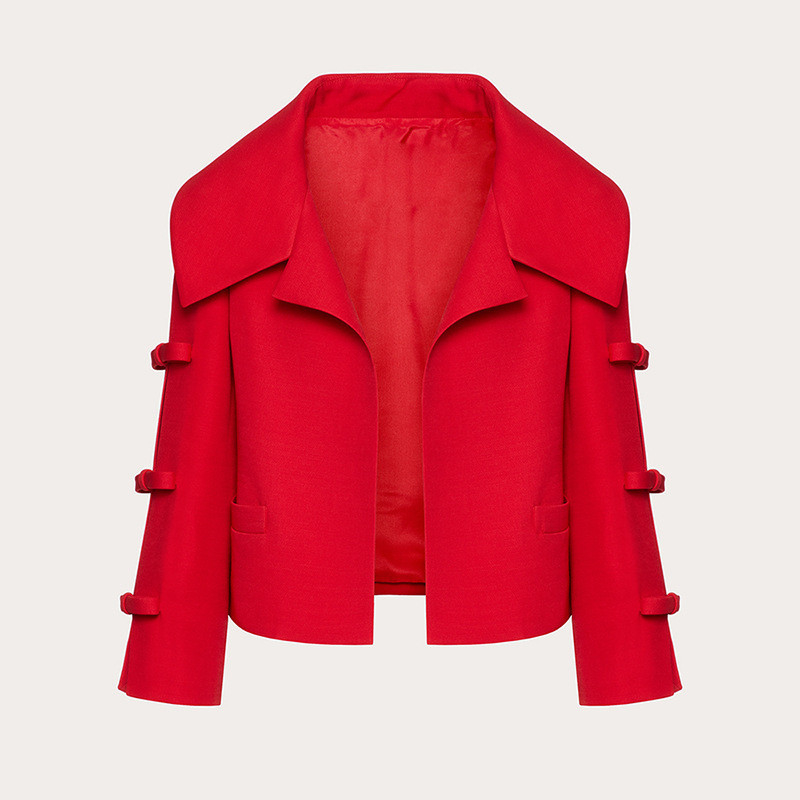 Red Butterfly Bow BA2296 Women's Sports Jacket Suit Elegant Coat Size S-2XL Front Zipper Polyester PU Leather Appearance