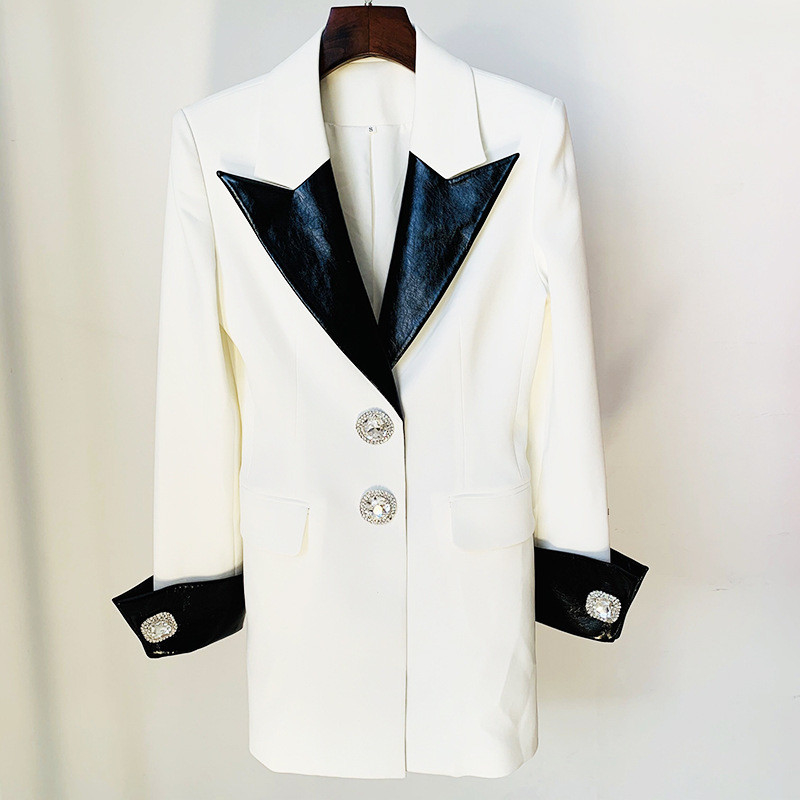 Full Sleeves H3294 Women's White Long Sleeve Patchwork Work Crystal Office Suit Female Sport Jacket with Polyester Lining