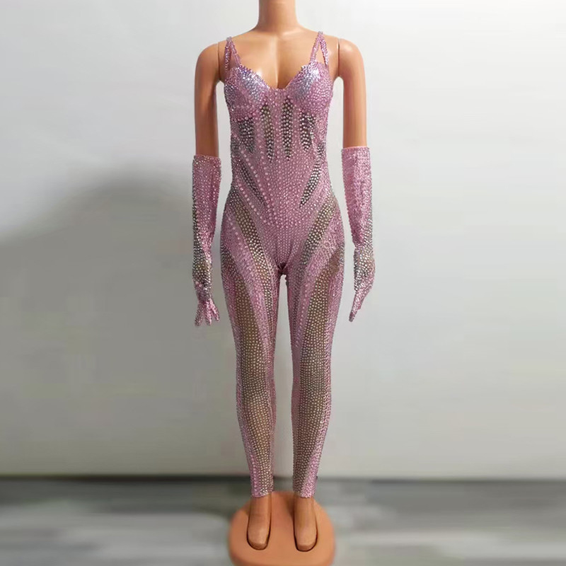 Kimshein High Fashion Netted Jumpsuit with Diamond Spaghetti Straps Women's Crystal Cutout Performance Suit Netted Fabric