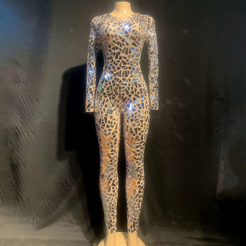 B2B Supply AD1584 Shiny Bodycon Jumpsuit Handmade Crystal Bodysuit Long Sleeve Round Neck Sequin Women's Party Clubwear