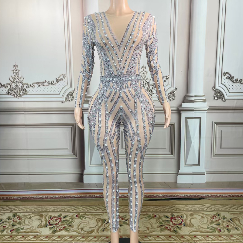 AD1534 Kimshein O-Neck Long Sleeve Tight Jumpsuit for Women Shiny Sequin Decoration and Minimum Order of 1 Piece