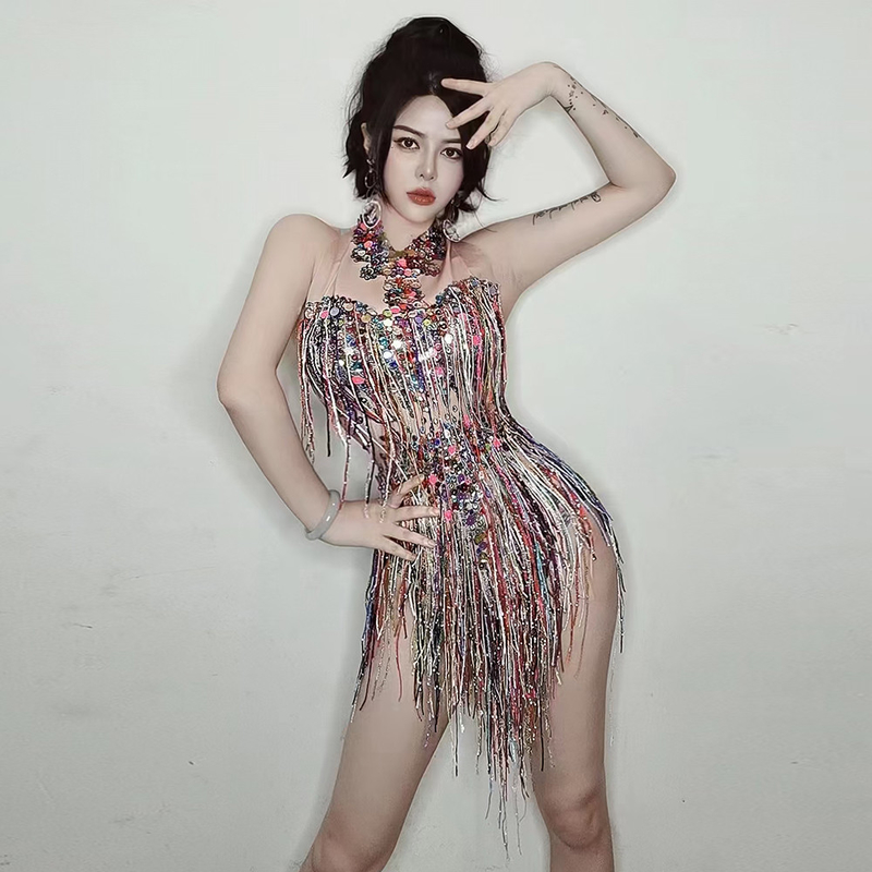 Kimshein Women's Colorful Rhinestone Fringe Crystal Beaded Shimmering Bodysuit for Party Performance 140g Fabric Weight