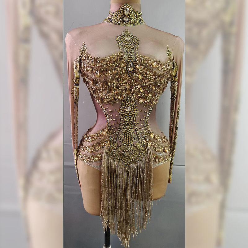 AD1510 Kimshein Women's Beachwear Long Sleeve Gold Diamond Fringe Jumpsuit Bodysuit Swimsuit with Anti-Static Technology