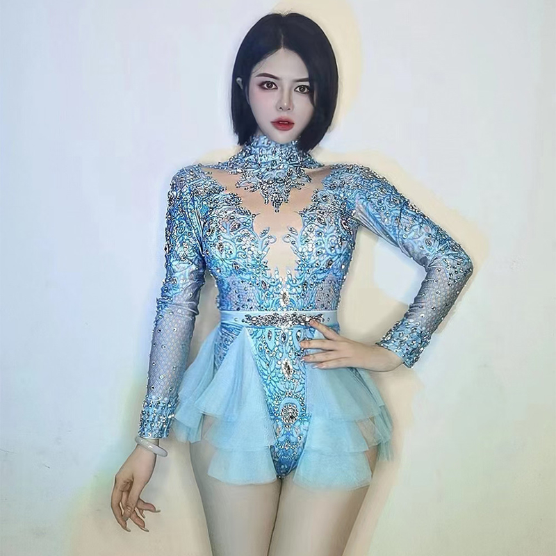 Kimshein Women's Fashion High Neck Mesh Pleated Bead Crystal Bodysuit Long Sleeve Fabric Type Fine Spun Gender Female 1523