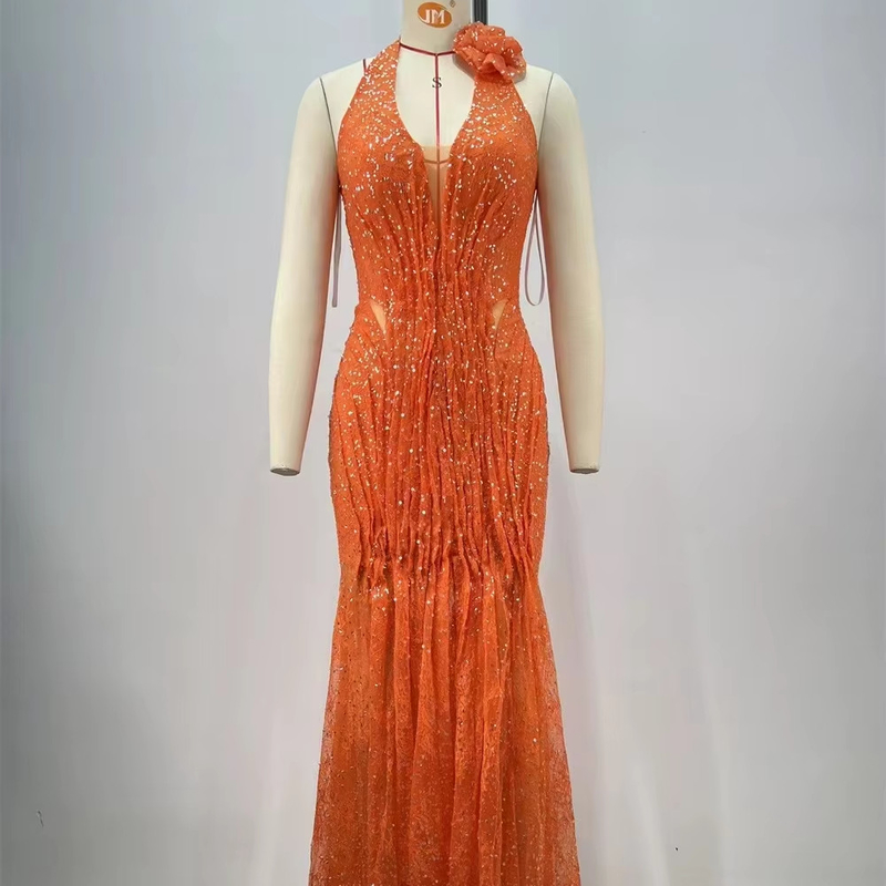 ED2708 Elegant Mermaid Backless V-neck Shiny Sexy Party Dress Sleeveless Pleated Sequin Maxi Dress for Women