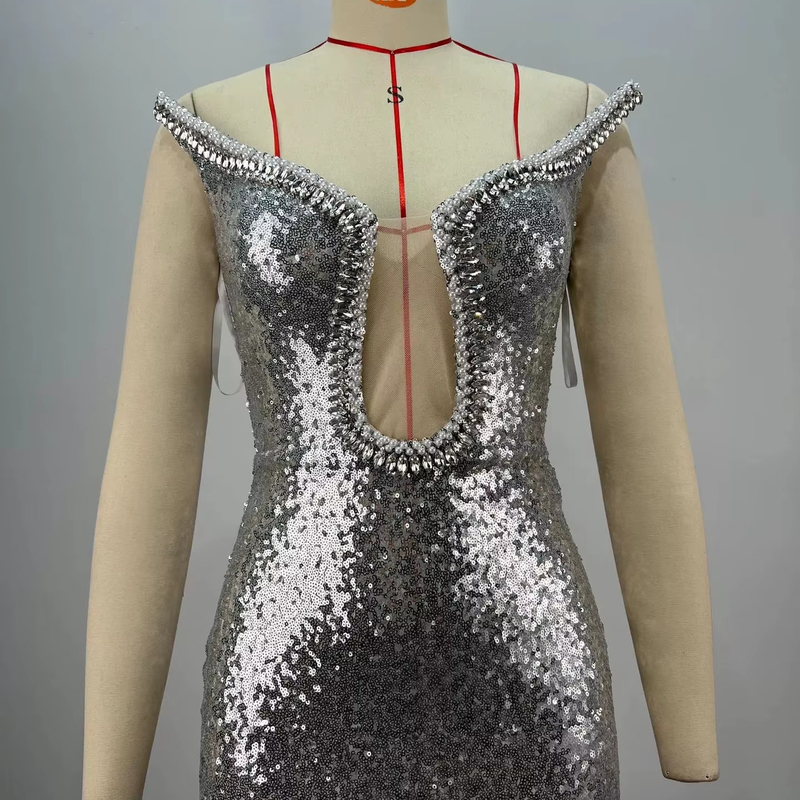 ED2709 Silver Mermaid Dress Elegant Ladies Evening Gown Luxury Wedding Dress Sleeveless Bridal Gown with Silver Glasses