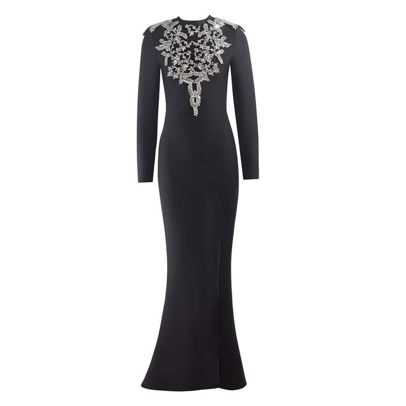 LS2627 Kimshein Women's Sexy Long Sleeve Tight Party Elegant Dress High Slit Crystal Bandage Dress for Nightclub Outfit