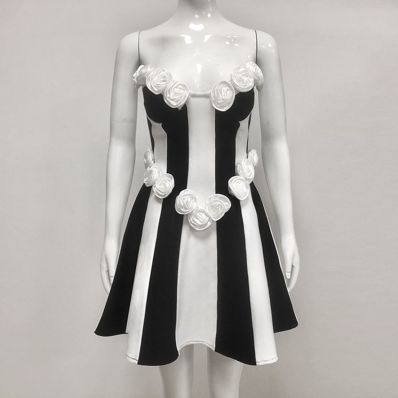 SB3363 Women's Fashion Sexy Mini Birthday Dress with 3D Flowers and Strapless Bandage Dress Mini Skirt Crafted Technique