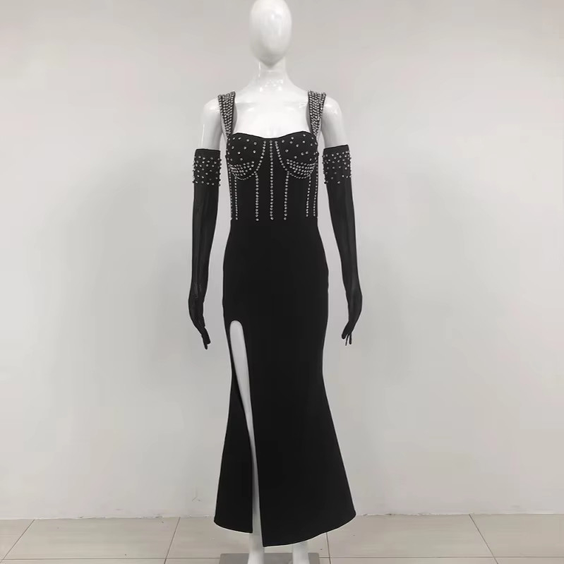 High Profile Occasion Dress SB3364 Sexy Diamond Black Bandage Dress with Crystal High Slit Maxi Dress