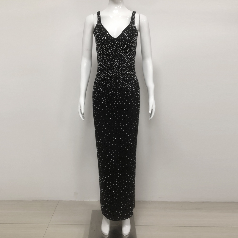 Made Sexy Role Play Dress SB3352 Summer V-neck Maxi Dress for Women Black Crystal Beaded Bandage Party Evening Gown