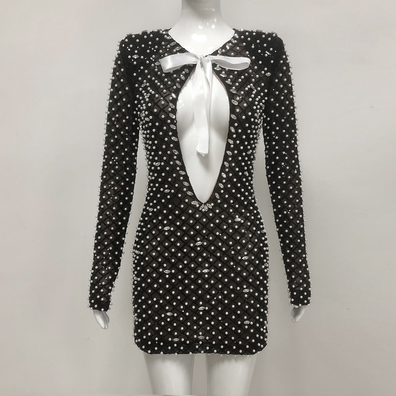 LS2581 Elegant Long Sleeve Mini Length Party Dress with Pure Color Pattern and Luxurious Pearl Crystal Embellishments
