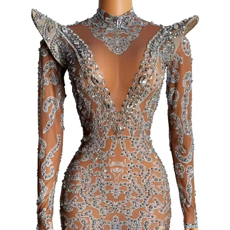 Kimshein AD2532 Luxury Fashion Crystal Long Sleeve Mini Irregular Sexy Dress for Women Solid Color Pattern 160g Fabric Weight