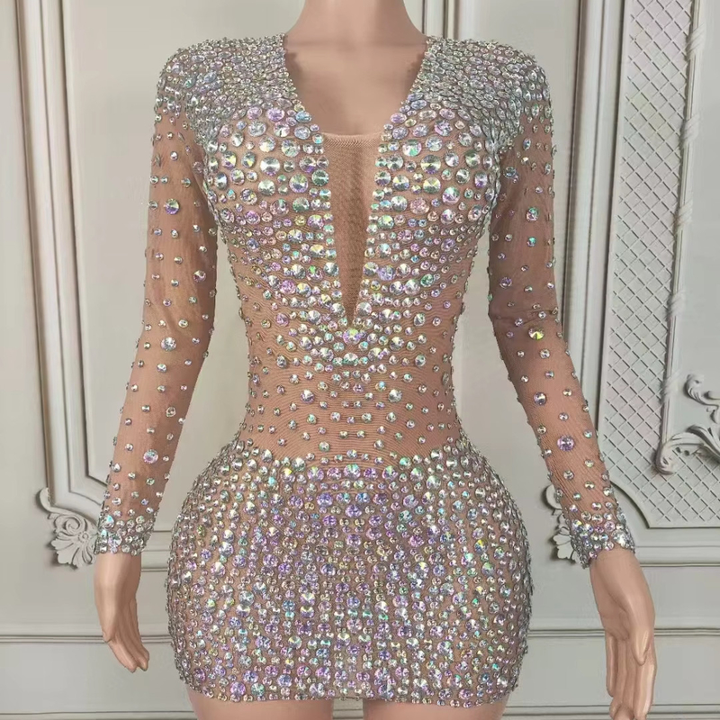 Kimshein AD2548 Luxury Women's Long-Sleeved Mini Dress with V-Neck and Beaded Detailing in 160g Fabric Mesh Type