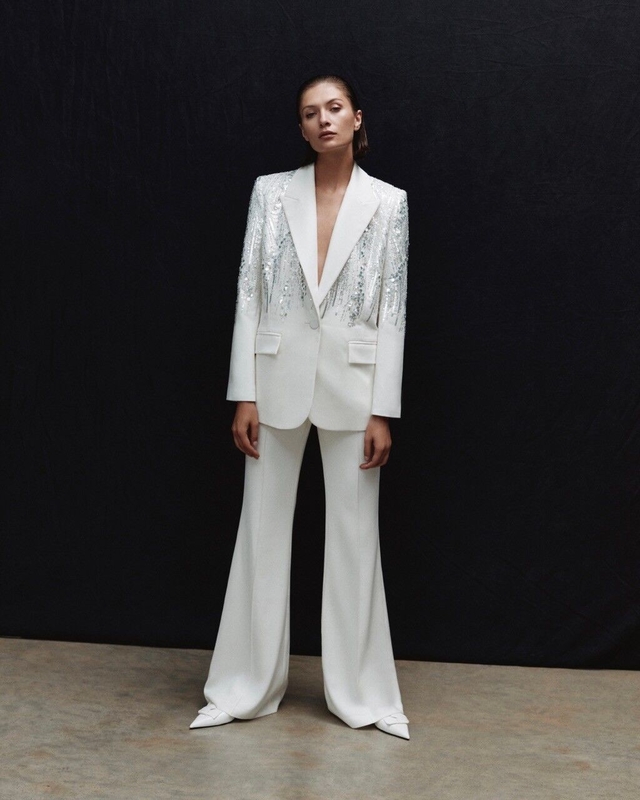 Spring V-Neck Sequin Elegant Women's Two-Piece Suit White Formal Set with Long Sleeves Blazer and Pants