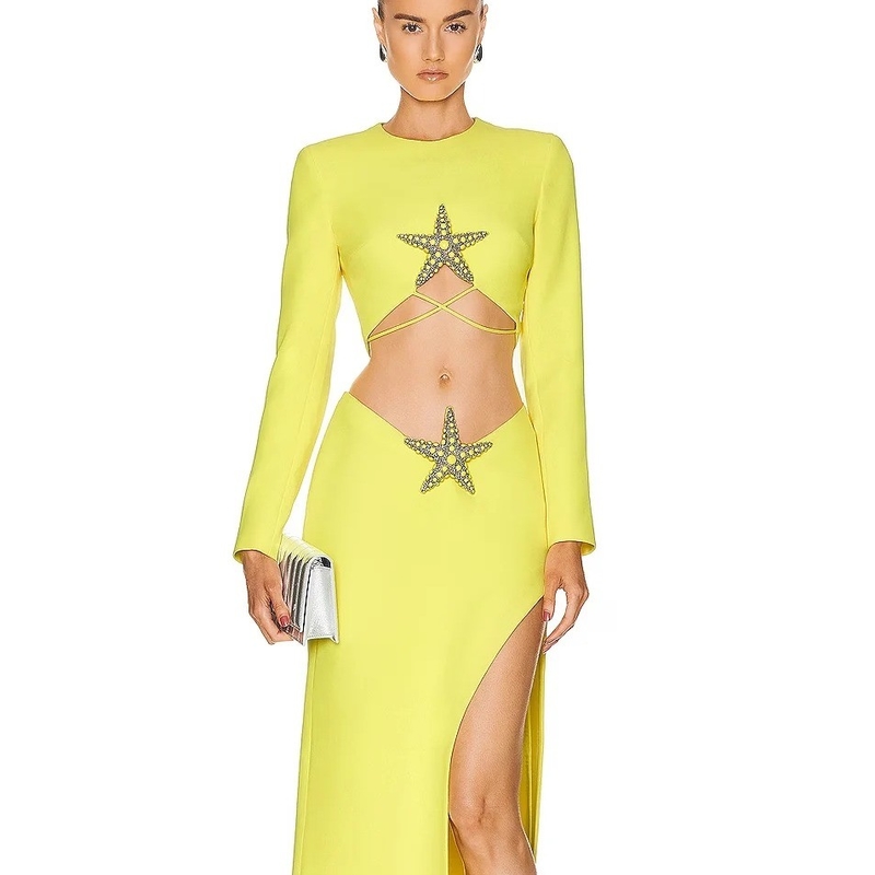 Summer Sexy Birthday Party Set for Women SS2296 Yellow Long Sleeve High Slit Two-Piece Tight Skirt Set from Guangdong