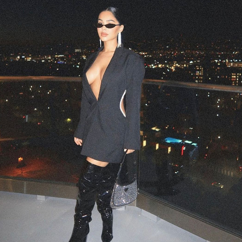 Casual H3333 Kimshein Women's Sexy Deep V-Neck Open Back Strap Sequin Long Sleeve Suit Jacket for Dazzling Appearance
