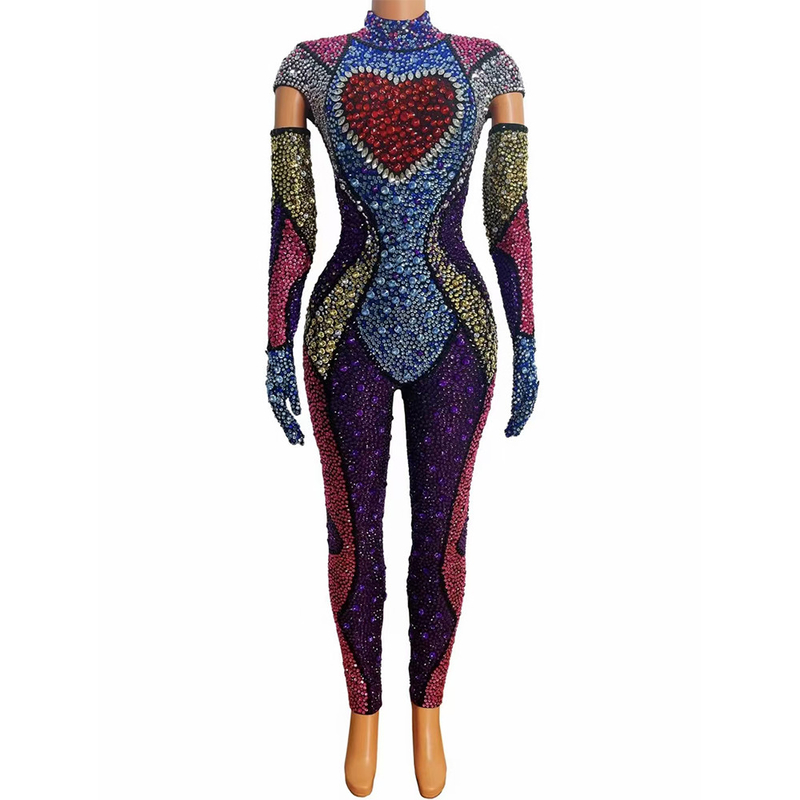 AD1469 Kimshein Luxury Women's Handcrafted Crystal Sports Suit Tight Long Sleeve Colorful Rhinestone Athletic Bodysuit