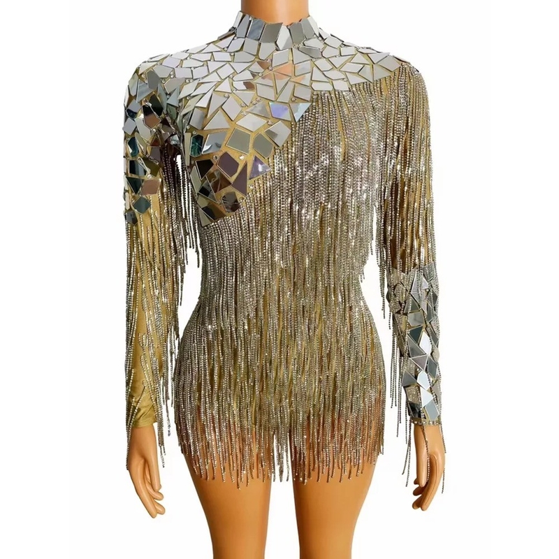 AD1435 Kimshein Women's Long Sleeve Diamond Fringe Dance Jumpsuit with Tight Fit and Anti-static Fabric in Long Tang Style