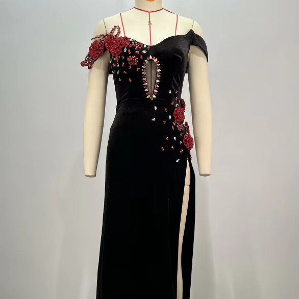 ED2698 High Slit Velvet Beaded Flower Sleeveless Evening Dress with Luxurious Crystal Embellishments and Opulent Design