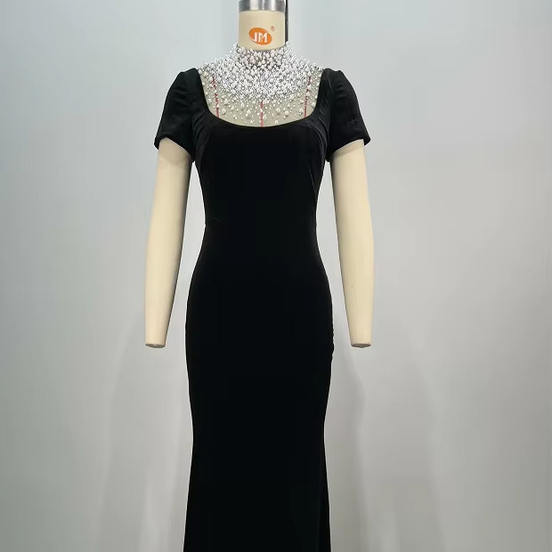 Customizable Logo Women's Hard Tulle Evening Dress with Pearl Detail and Polyester/Cotton Material in Floor Length